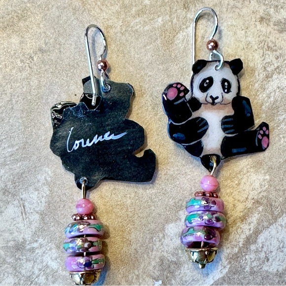 Giant Panda handmade painted w pink porcelain beads OOAK pierced sterling - Picture 2 of 4